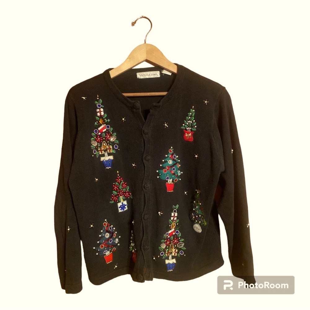 Vintage Victoria Jones Beaded Christmas Tree Cardigan Sweater Women’s Sweater